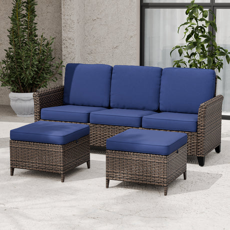 Ocean Vista Outdoor Wicker Couch Sofa with 2 Ottomans, Set of 3