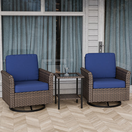 Ocean Vista 3 Piece Outdoor Wicker Bistro Set, Swivel Rocking Chairs with Side Table