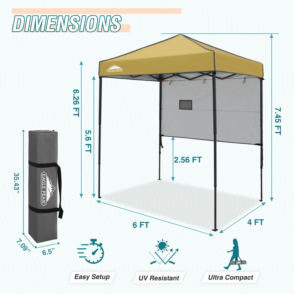 EAGLE PEAK Instant Pop Up Canopy with Adjustable Sun Wall 6x4 ft, Straight Lightweight Compact Portable Tent with Carry Bag