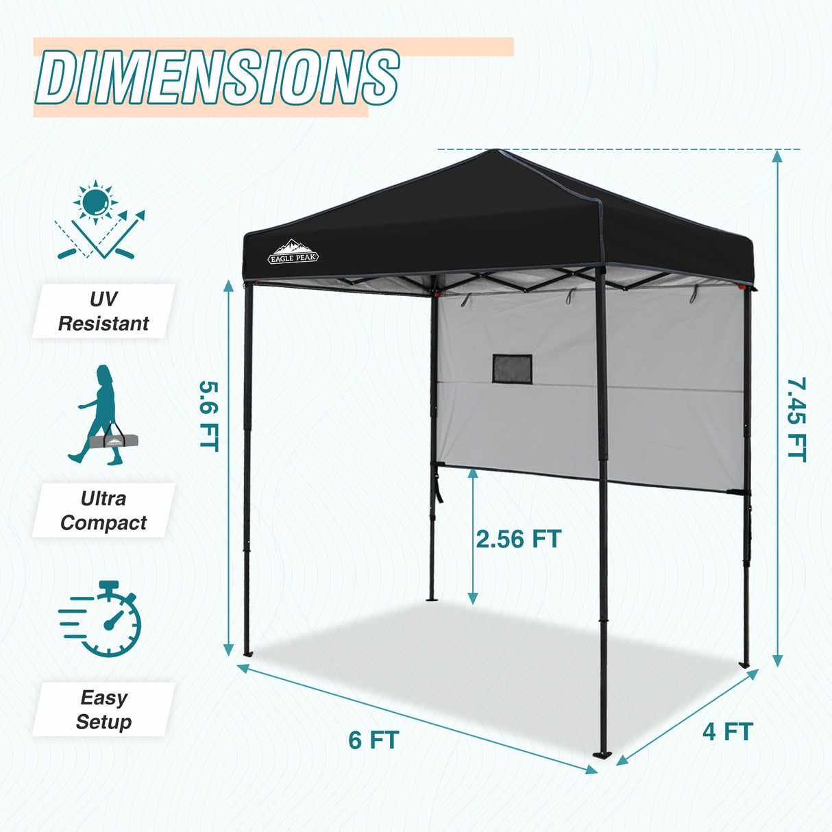 EAGLE PEAK Instant Pop Up Canopy with Adjustable Sun Wall 6x4 ft, Straight Lightweight Compact Portable Tent with Carry Bag