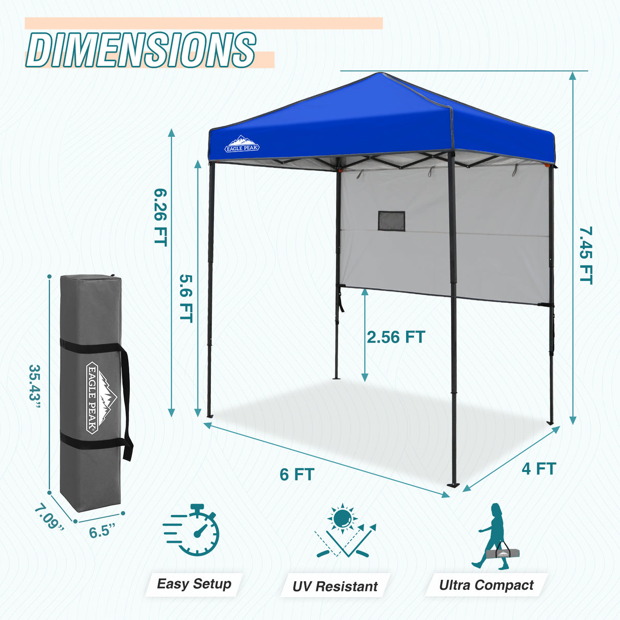 EAGLE PEAK Instant Pop Up Canopy with Adjustable Sun Wall 6x4 ft, Straight Lightweight Compact Portable Tent with Carry Bag