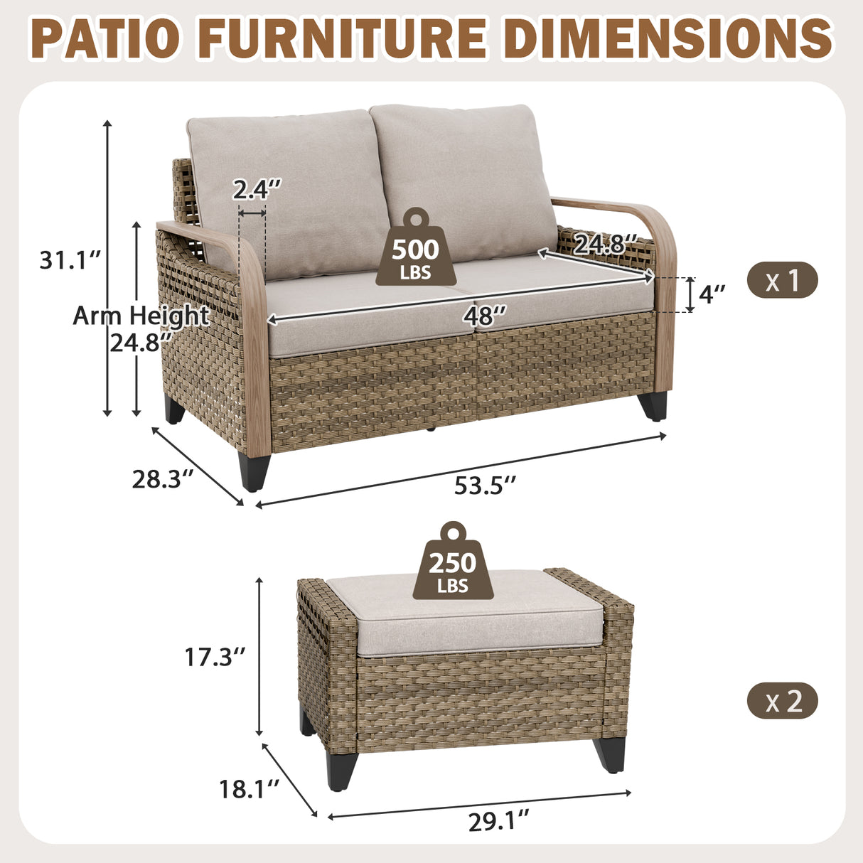Modern Wicker Outdoor 3 Pieces Patio Furniture Set, 2-Seat Loveseat and 2 Ottoman