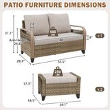 Modern Wicker Outdoor 3 Pieces Patio Furniture Set, 2-Seat Loveseat and 2 Ottoman