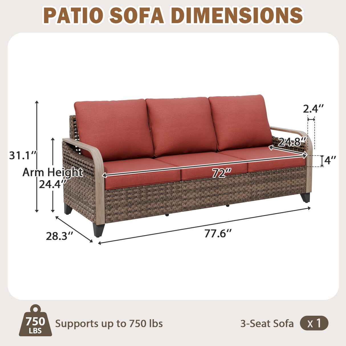 Modern Wicker Outdoor Patio 3 Seat Sofa, Brown/Gray