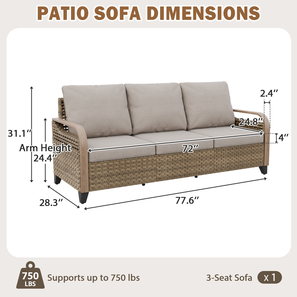 Modern Wicker Outdoor Patio 3 Seat Sofa, Brown/Gray