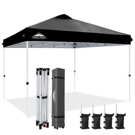 EAGLE PEAK 12x12 Pop Up Canopy Tent Instant Outdoor Canopy Easy Set-up Straight Leg Folding Shelter with Wheeled Bag, 8 Stakes, 4 Sand Bags, and 4 Ropes