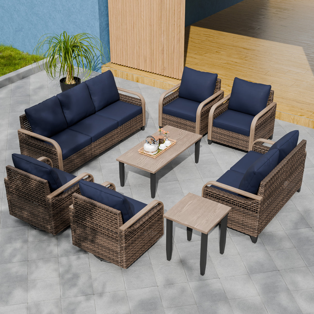 Modern Wicker Outdoor Patio Furniture Set, 2 Patio Chairs, 2 Swivel Rocker Chairs, 3-Seat Sofa, Loveseat, Coffee Table and Side Table, 8 Pieces, Brown/Gray