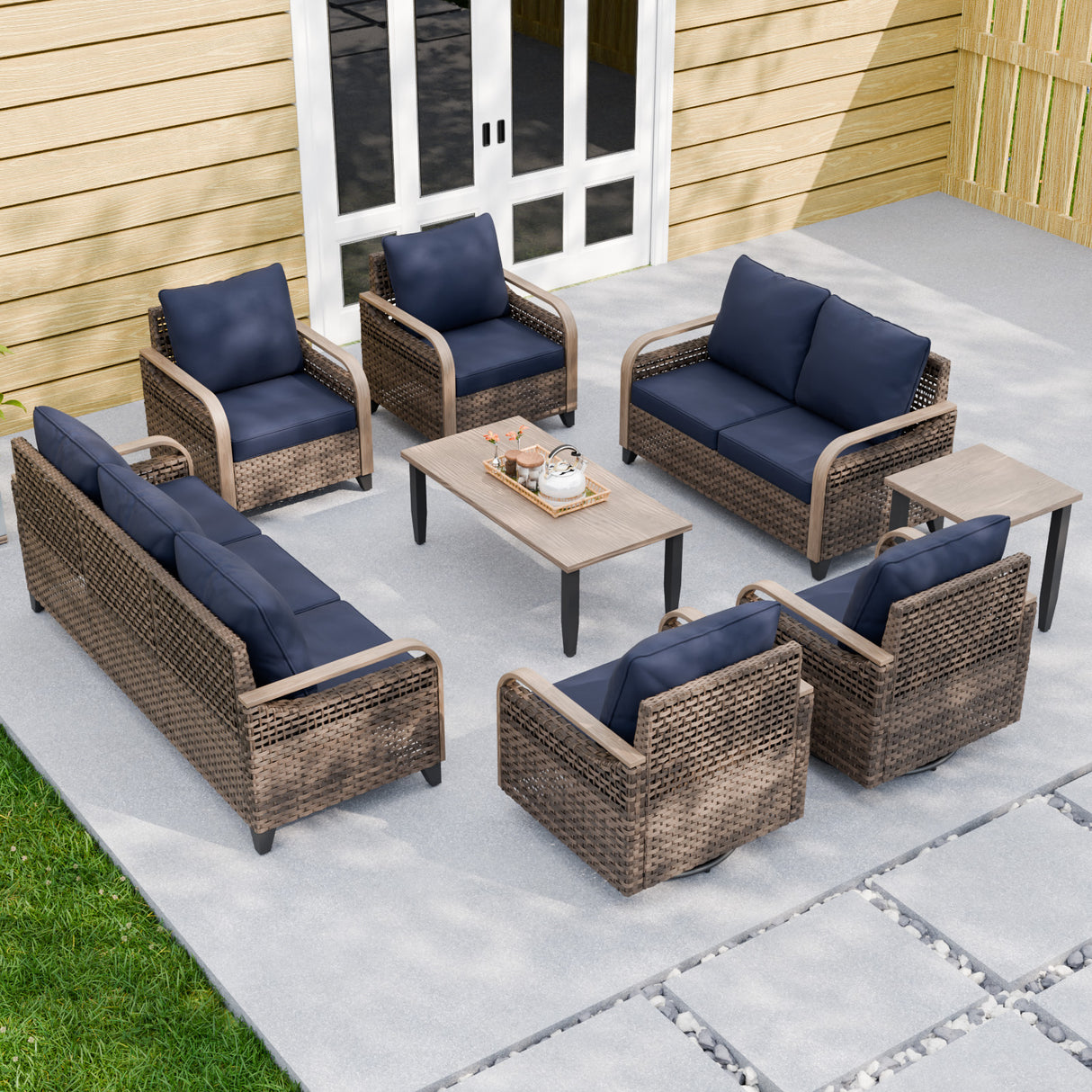 Modern Wicker Outdoor Patio Furniture Set, 2 Patio Chairs, 2 Swivel Rocker Chairs, 3-Seat Sofa, Loveseat, Coffee Table and Side Table, 8 Pieces, Brown/Gray