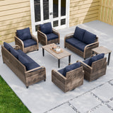 Modern Wicker Outdoor Patio Furniture Set, 2 Patio Chairs, 2 Swivel Rocker Chairs, 3-Seat Sofa, Loveseat, Coffee Table and Side Table, 8 Pieces, Brown/Gray