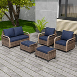 Modern Wicker Outdoor Patio Furniture Set, 5 Pieces, 2 Swivel Rocking Chairs, 2-Seat Loveseat and 2 Ottomans
