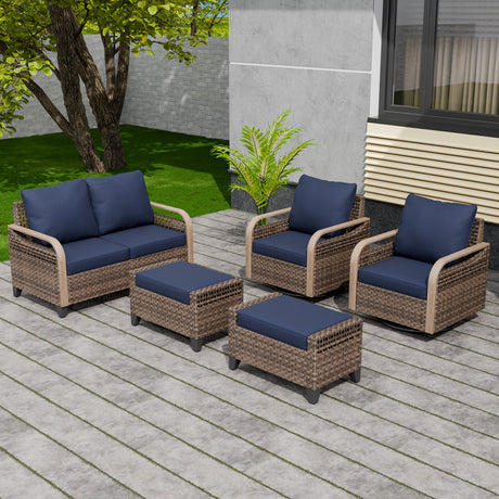 Modern Wicker Outdoor Patio Furniture Set, 5 Pieces, 2 Swivel Rocking Chairs, 2-Seat Loveseat and 2 Ottomans