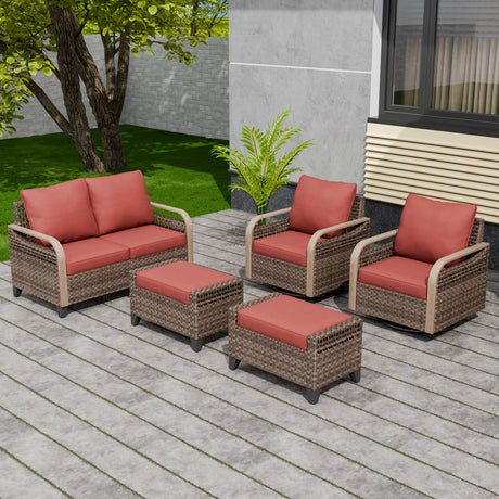 Modern Wicker Outdoor Patio Furniture Set, 5 Pieces, 2 Swivel Rocking Chairs, 2-Seat Loveseat and 2 Ottomans