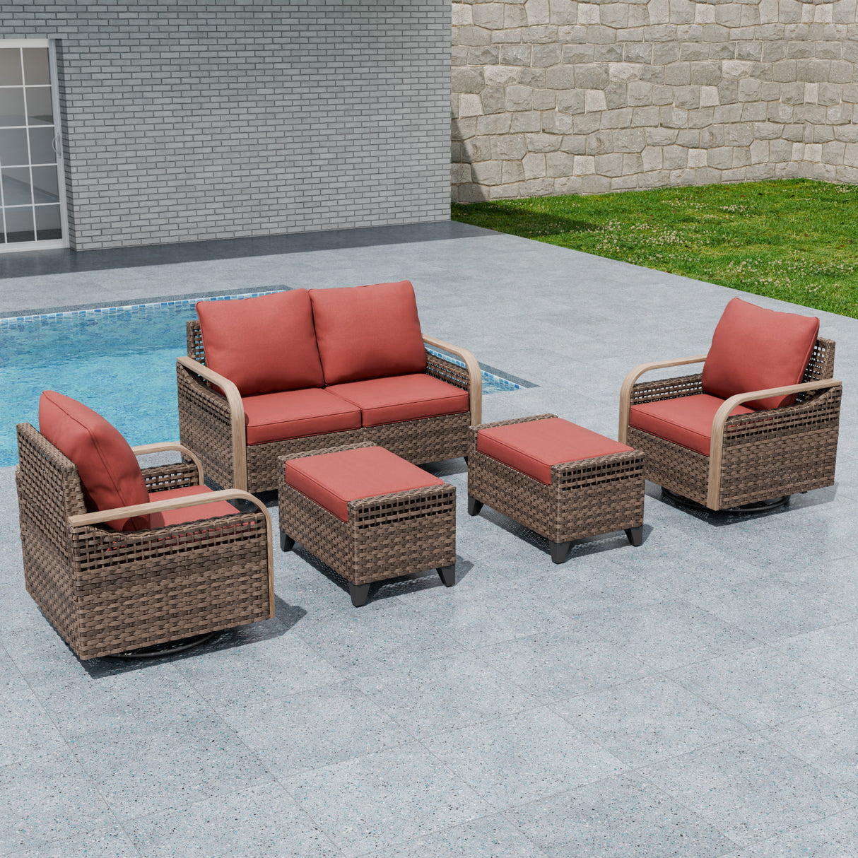 Modern Wicker Outdoor Patio Furniture Set, 5 Pieces, 2 Swivel Rocking Chairs, 2-Seat Loveseat and 2 Ottomans