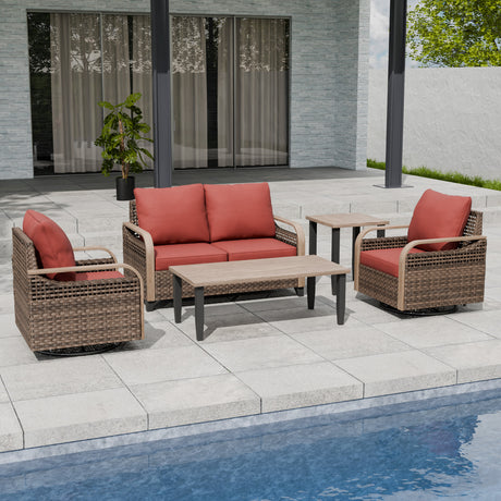 Modern Wicker Outdoor Patio Furniture Set,5 Pieces, 2 Swivel Rockers, 2-Seat Loveseat, Coffee Table and Side Table