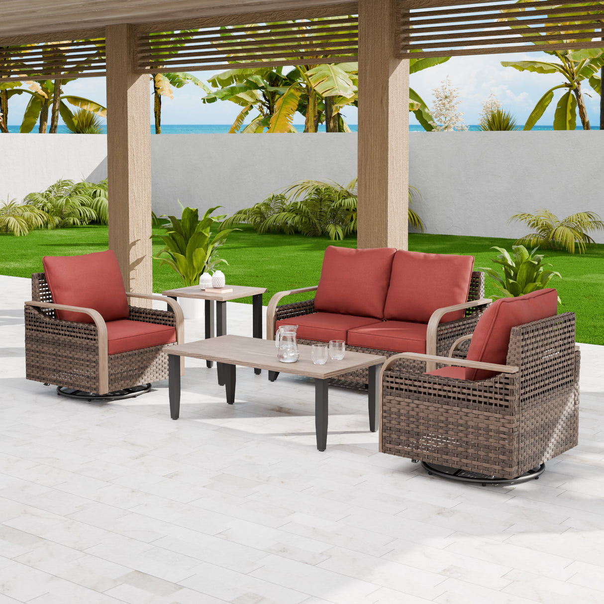 Modern Wicker Outdoor Patio Furniture Set,5 Pieces, 2 Swivel Rockers, 2-Seat Loveseat, Coffee Table and Side Table