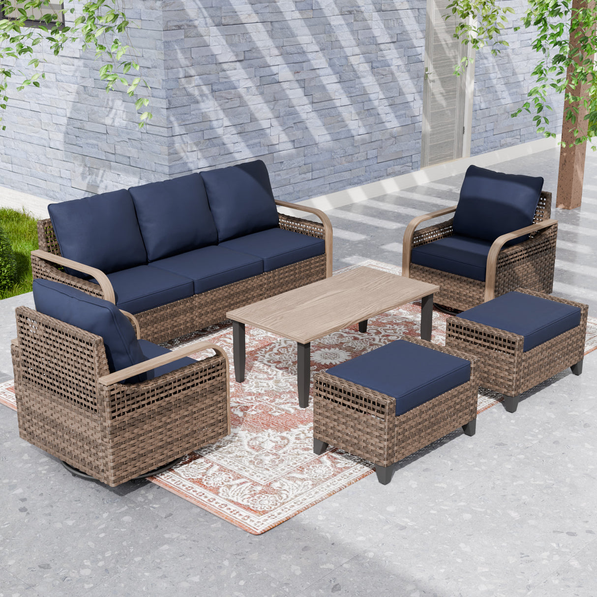 Modern Wicker Outdoor Patio Furniture Set,2 Swivel Rocking Chairs, 3-Seat Loveseat, 2 Ottomans and Coffee Table, 6 Pieces, Brown/Gray