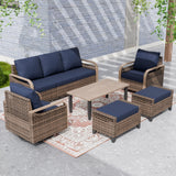 Modern Wicker Outdoor Patio Furniture Set,2 Swivel Rocking Chairs, 3-Seat Loveseat, 2 Ottomans and Coffee Table, 6 Pieces, Brown/Gray