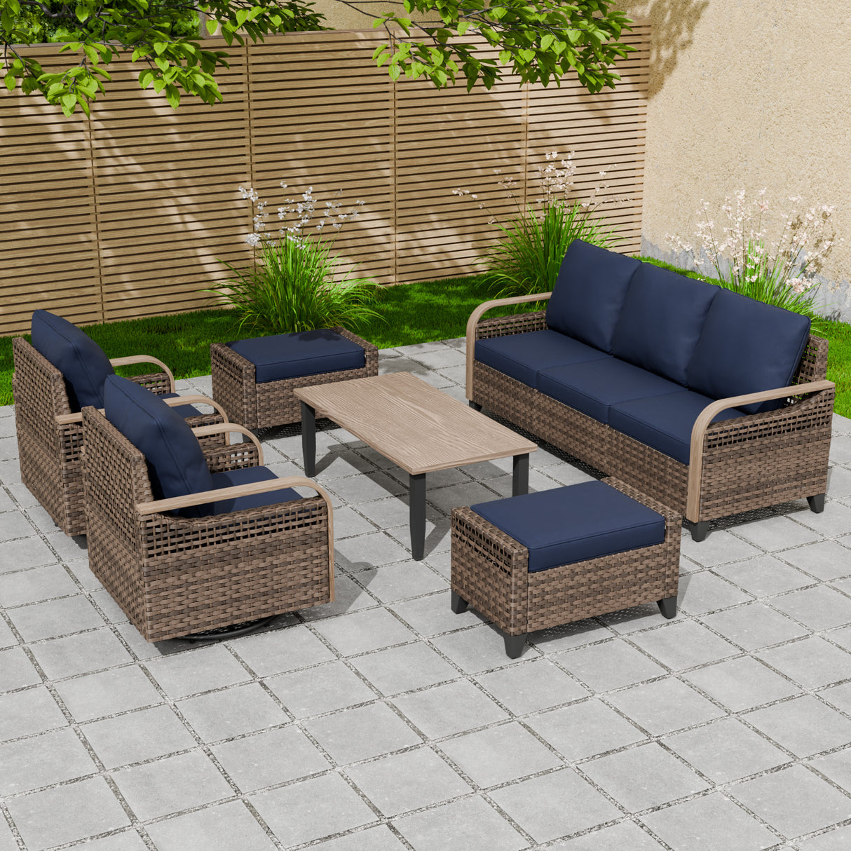 Modern Wicker Outdoor Patio Furniture Set,2 Swivel Rocking Chairs, 3-Seat Loveseat, 2 Ottomans and Coffee Table, 6 Pieces, Brown/Gray