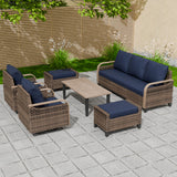 Modern Wicker Outdoor Patio Furniture Set,2 Swivel Rocking Chairs, 3-Seat Loveseat, 2 Ottomans and Coffee Table, 6 Pieces, Brown/Gray