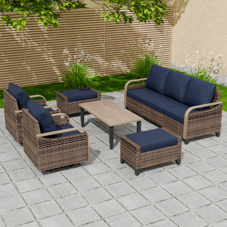 Modern Wicker Outdoor Patio Furniture Set,2 Swivel Rocking Chairs, 3-Seat Loveseat, 2 Ottomans and Coffee Table, 6 Pieces, Brown/Gray