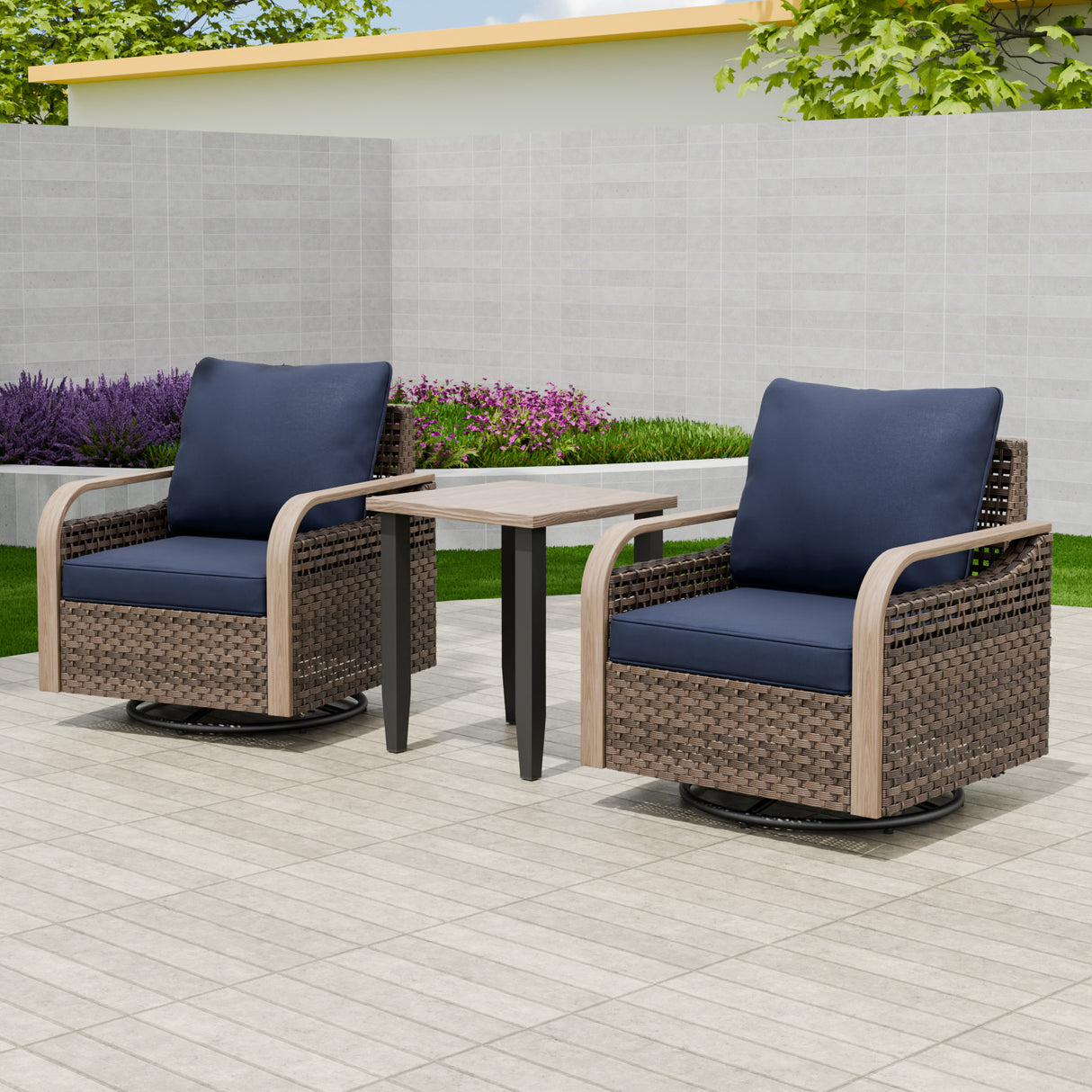 Modern Wicker Outdoor 3 Piece Wicker Swivel Rocking Chairs & Side Table, Brown/Gray