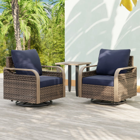 Modern Wicker Outdoor 3 Piece Wicker Swivel Rocking Chairs & Side Table, Brown/Gray