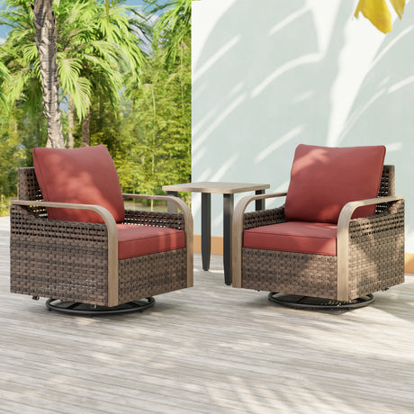 Modern Wicker Outdoor 3 Piece Wicker Swivel Rocking Chairs & Side Table, Brown/Gray