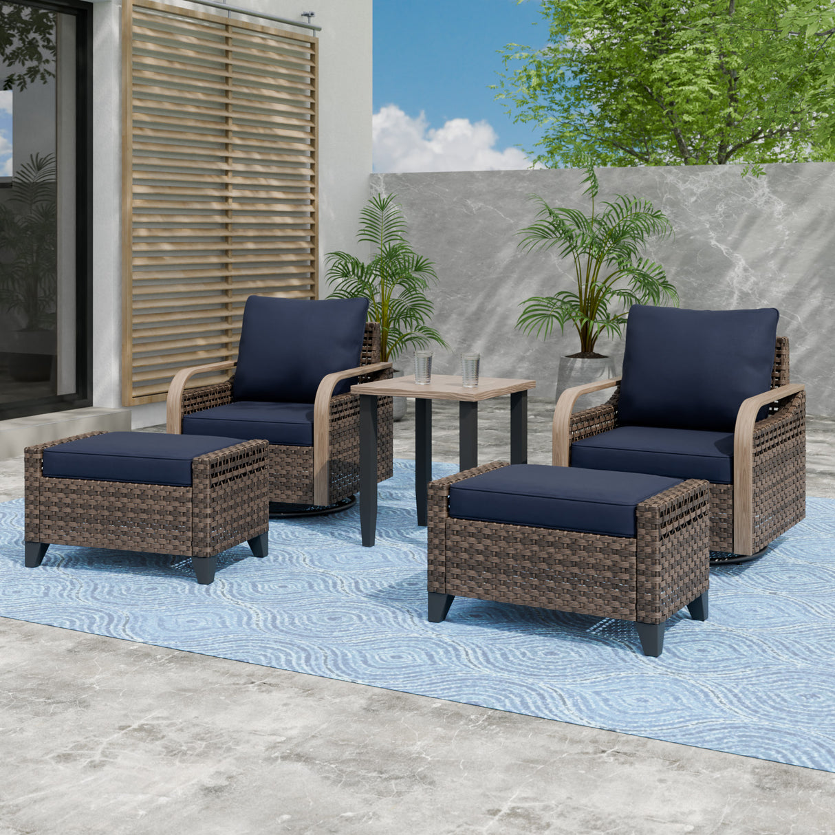 Modern Wicker 5 Piece Furniture Set w/ Swivel Rocking Chairs, Brown/Gray