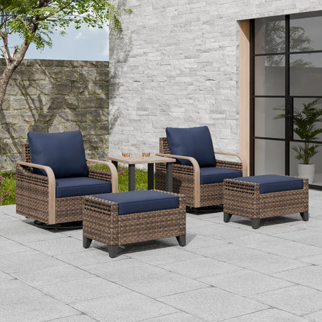 Modern Wicker 5 Piece Furniture Set w/ Swivel Rocking Chairs, Brown/Gray