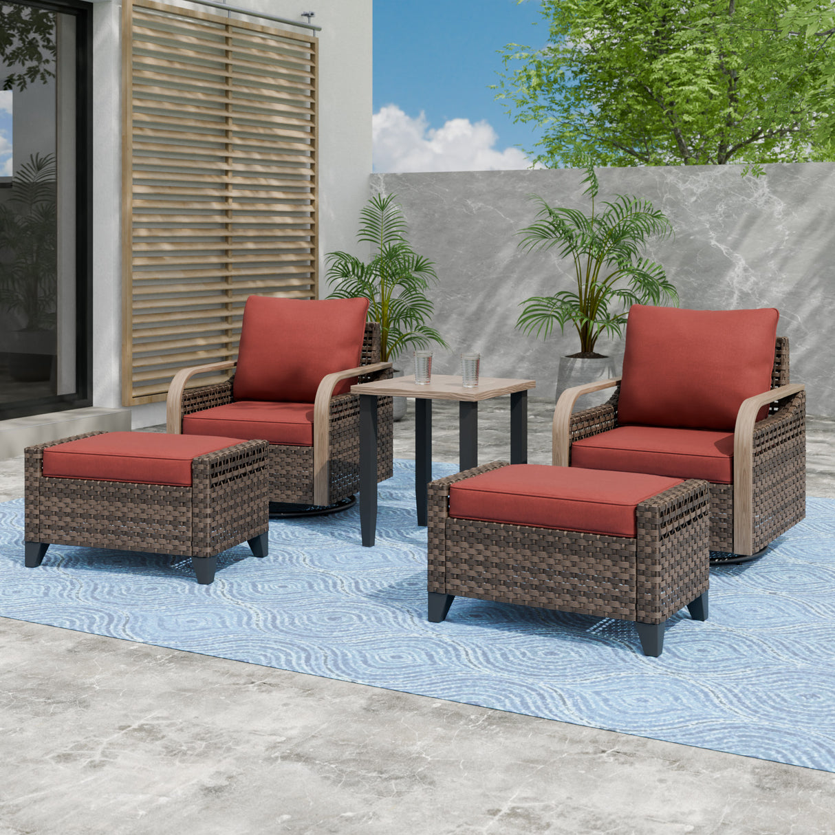 Modern Wicker 5 Piece Furniture Set w/ Swivel Rocking Chairs, Brown/Gray