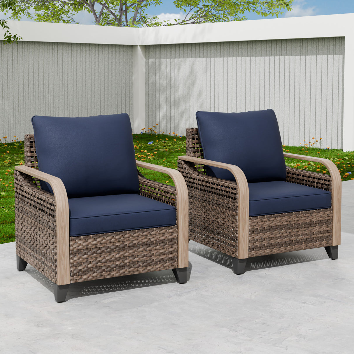 Modern Wicker Outdoor Chair, Patio Chair Curved Armrest, 2 Chairs, Brown/Gray