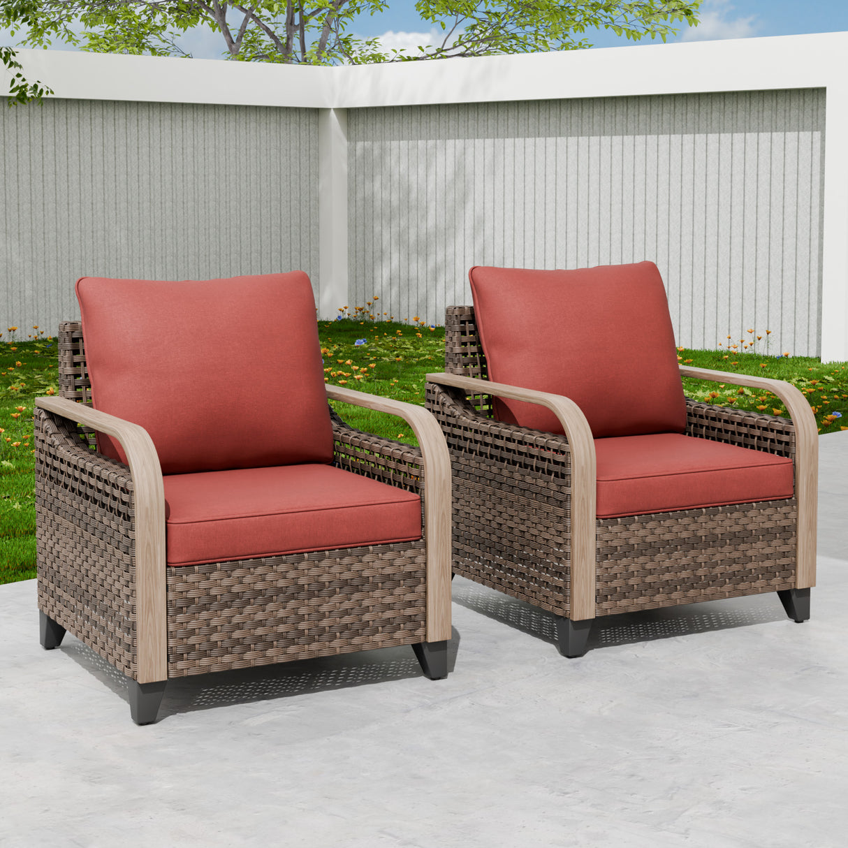 Modern Wicker Outdoor Chair, Patio Chair Curved Armrest, 2 Chairs, Brown/Gray