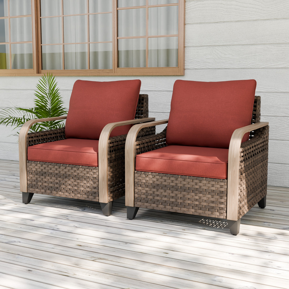 Modern Wicker Outdoor Chair, Patio Chair Curved Armrest, 2 Chairs, Brown/Gray