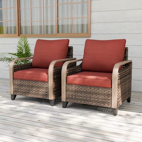 Modern Wicker Outdoor Chair, Patio Chair Curved Armrest, 2 Chairs, Brown/Gray
