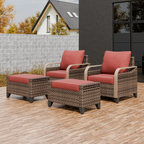 Modern Wicker Outdoor Chair,2 Chairs 2 Ottomans, 4 Pieces, Brown/Gray
