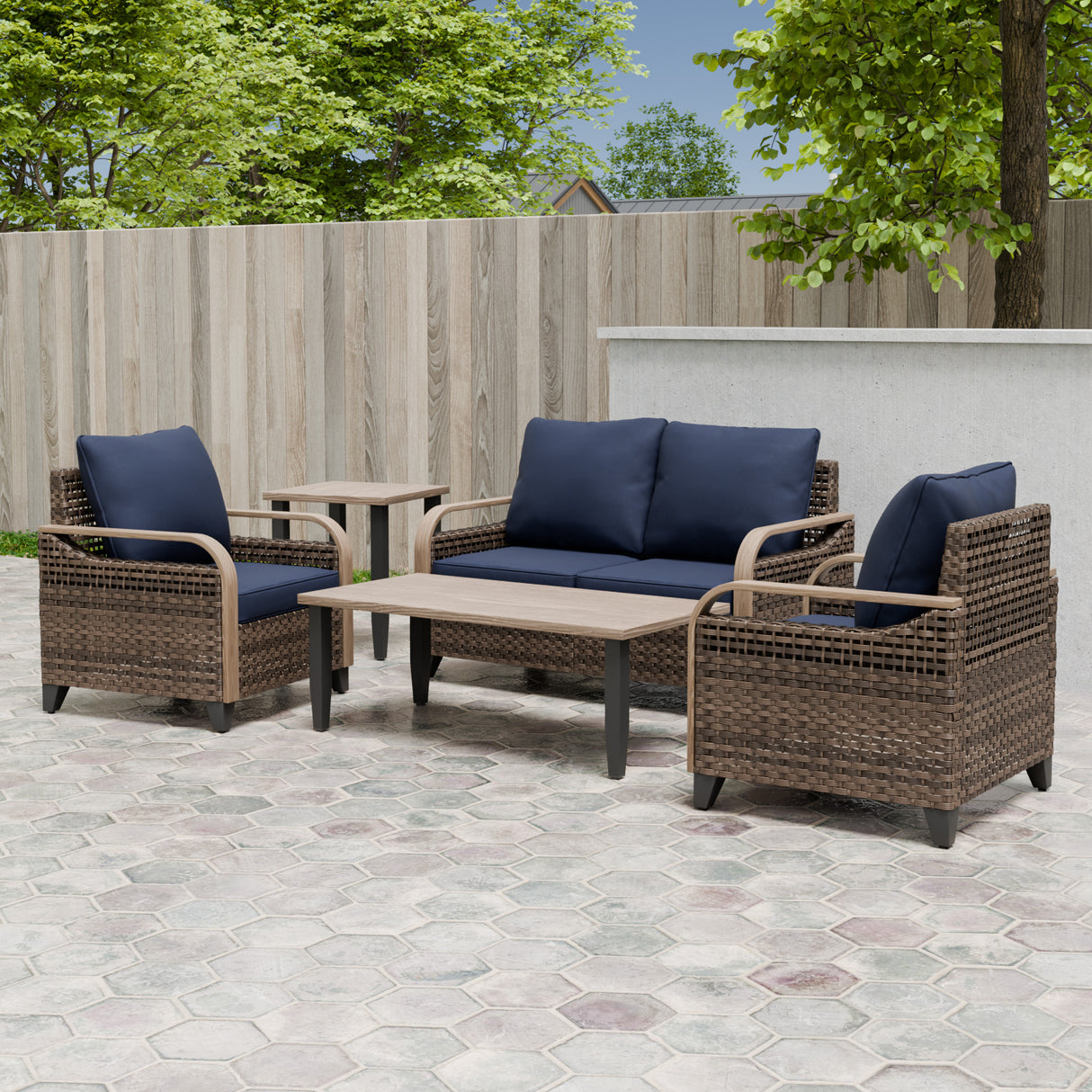 Modern Wicker Outdoor Patio Furniture Set,2 Patio Chairs, 2-Seat Loveseat, Coffee Table and Side Table, 5 Pieces, Brown/Gray