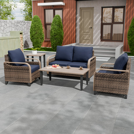 Modern Wicker Outdoor Patio Furniture Set,2 Patio Chairs, 2-Seat Loveseat, Coffee Table and Side Table, 5 Pieces, Brown/Gray