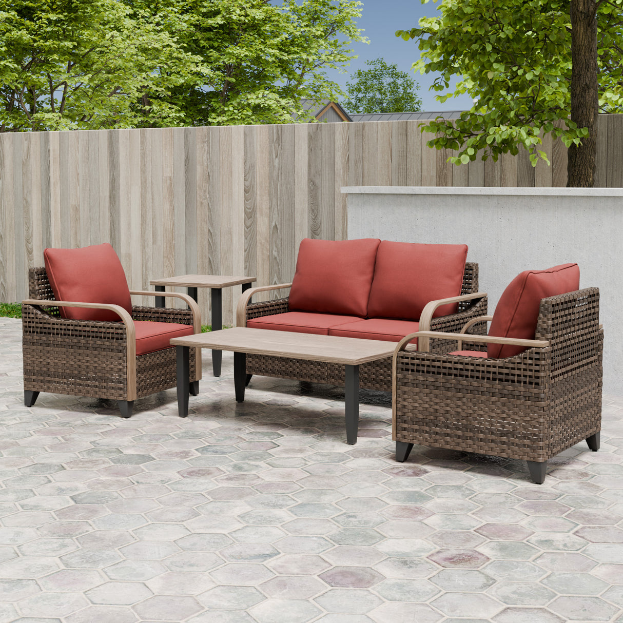 Modern Wicker Outdoor Patio Furniture Set,2 Patio Chairs, 2-Seat Loveseat, Coffee Table and Side Table, 5 Pieces, Brown/Gray