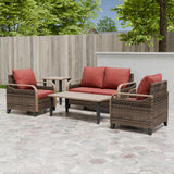 Modern Wicker Outdoor Patio Furniture Set,2 Patio Chairs, 2-Seat Loveseat, Coffee Table and Side Table, 5 Pieces, Brown/Gray