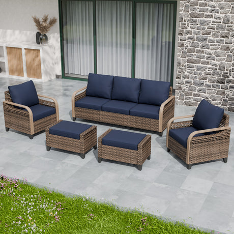 Modern Wicker Outdoor Patio Furniture Set,2 Patio Chairs, 3-Seat Loveseat and 2 Ottomans, 5 Pieces, Brown/Gray
