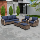 Modern Wicker Outdoor Patio Furniture Set,2 Patio Chairs, 3-Seat Loveseat and 2 Ottomans, 5 Pieces, Brown/Gray