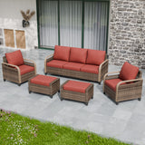 Modern Wicker Outdoor Patio Furniture Set,2 Patio Chairs, 3-Seat Loveseat and 2 Ottomans, 5 Pieces, Brown/Gray