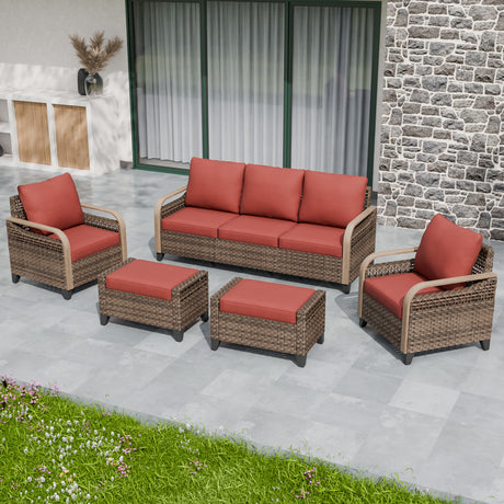 Modern Wicker Outdoor Patio Furniture Set,2 Patio Chairs, 3-Seat Loveseat and 2 Ottomans, 5 Pieces, Brown/Gray