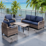 Modern Wicker Outdoor Patio Furniture Set,2 Patio Chairs, 3-Seat Loveseat and Coffee Table, 4 Pieces, Brown/Gray
