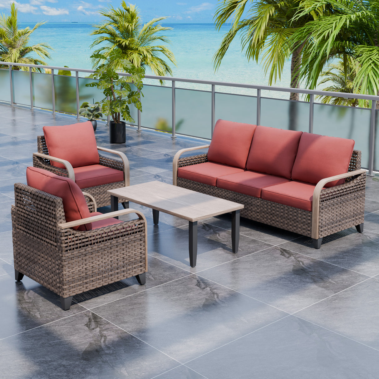 Modern Wicker Outdoor Patio Furniture Set,2 Patio Chairs, 3-Seat Loveseat and Coffee Table, 4 Pieces, Brown/Gray