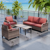 Modern Wicker Outdoor Patio Furniture Set,2 Patio Chairs, 3-Seat Loveseat and Coffee Table, 4 Pieces, Brown/Gray