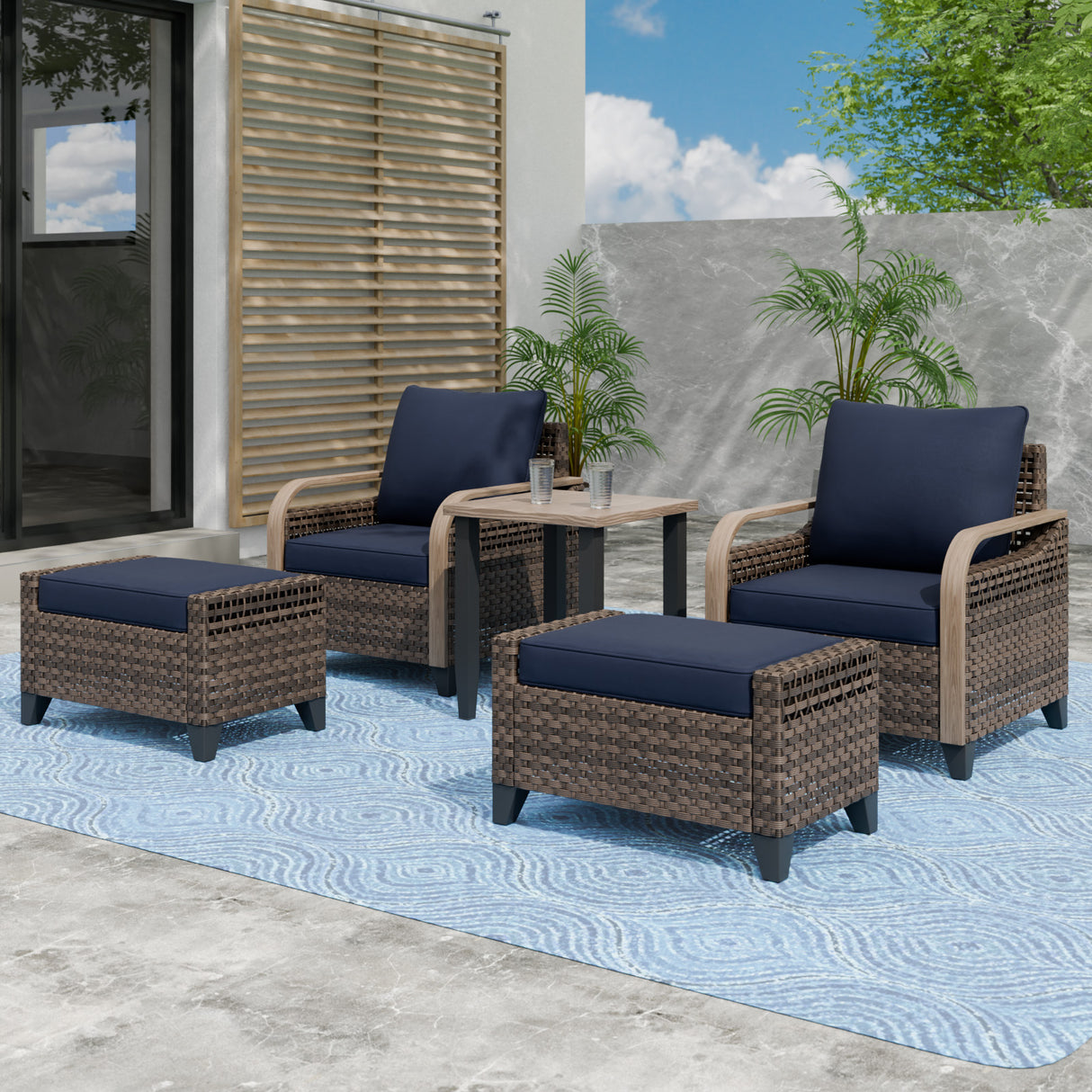 Modern Wicker 5 Piece Furniture Set w/ Patio Chairs, Brown/Gray