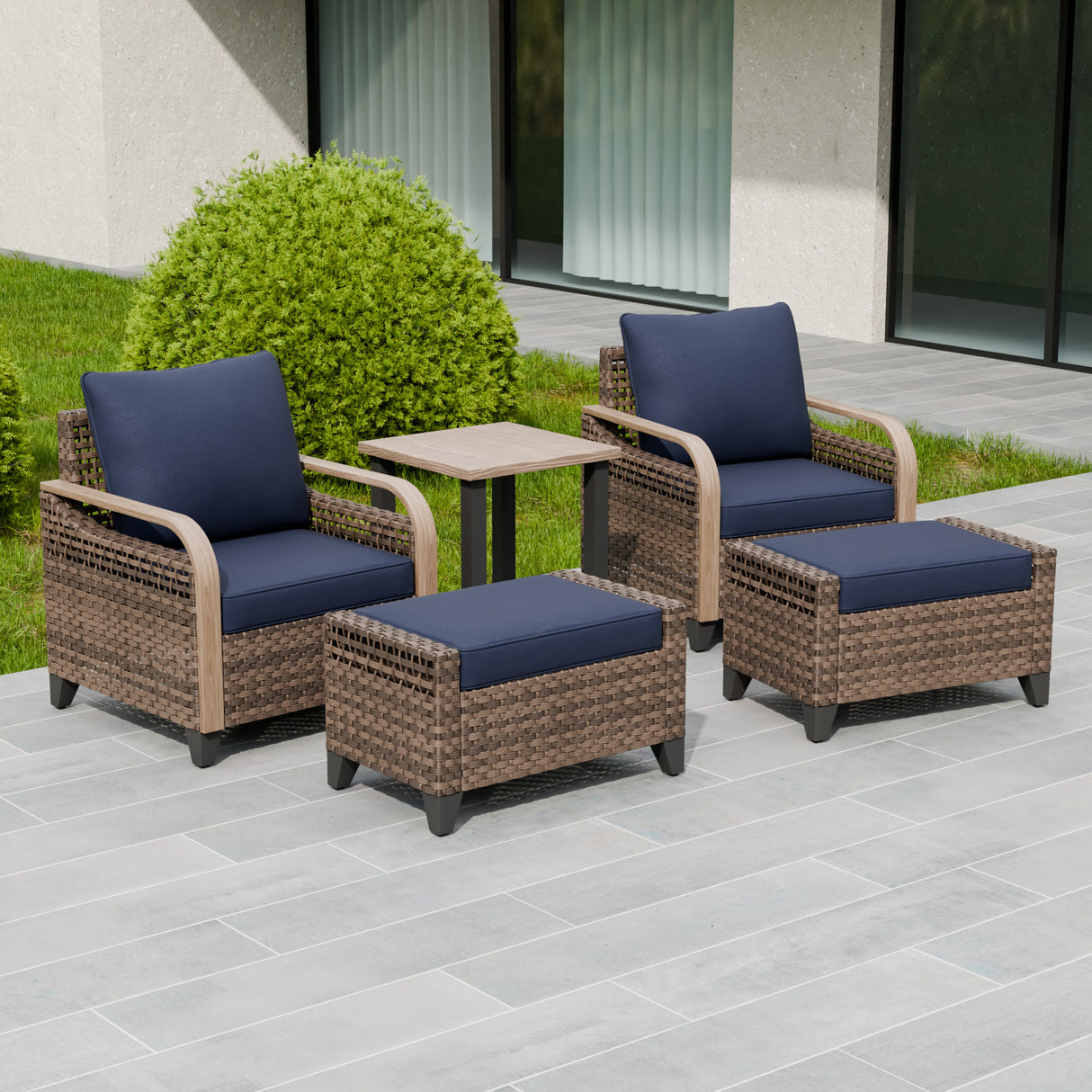 Modern Wicker 5 Piece Furniture Set w/ Patio Chairs, Brown/Gray