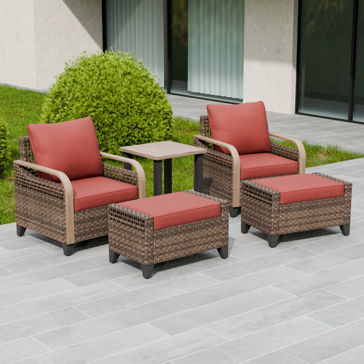 Modern Wicker 5 Piece Furniture Set w/ Patio Chairs, Brown/Gray