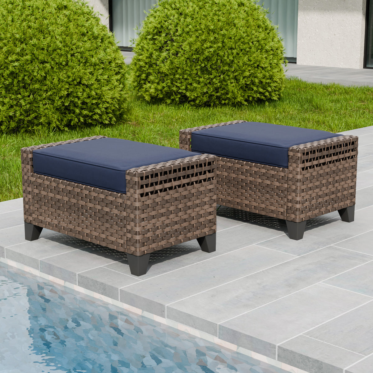 Modern Wicker Patio Ottoman Foot Rest, Brown/Gray